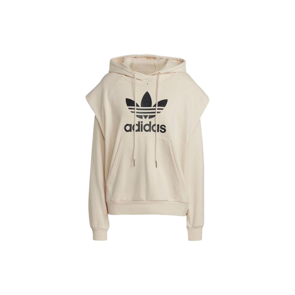 Adidas Originals Trefoil Letter Logo Print Hoodie With Drawstring Women Hoodie Beige IC5592