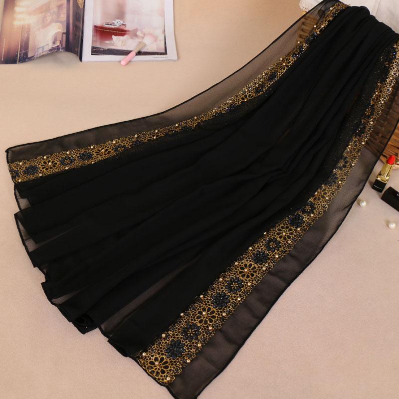 Мусульманский Шифоновый Хиджаб С Бусинами Женский Мусульманский Золотые Алмазы Блестки Длинный Шарф Хиджабы Платок Модный Однотонный Тюрбан Платок Лавен