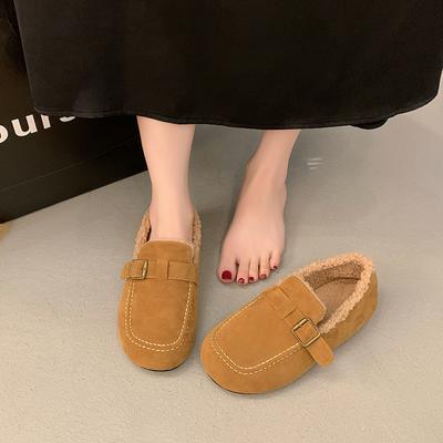 Модные женские туфли на плоской подошве, зимние новые туфли с круглым носком и глубоким воротом из замши с металлической пряжкой на мягкой подошве, нескользящие низкие хлопковые туфли