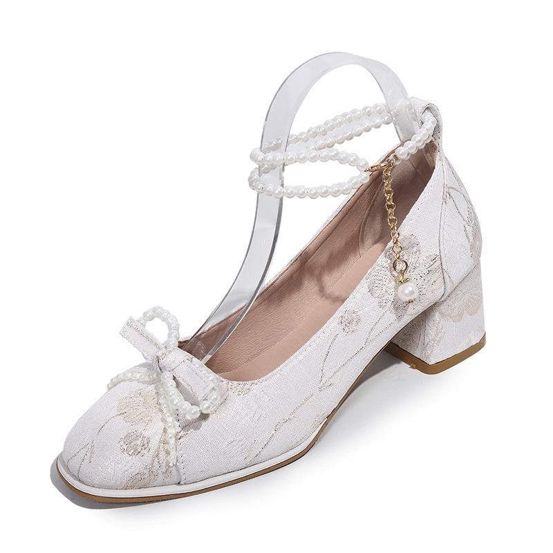High Heels Women's 2025 New Chinese Bow Pearl Chain Square Head Light Mouth Thick Heel Versatile Mary Jane Shoes