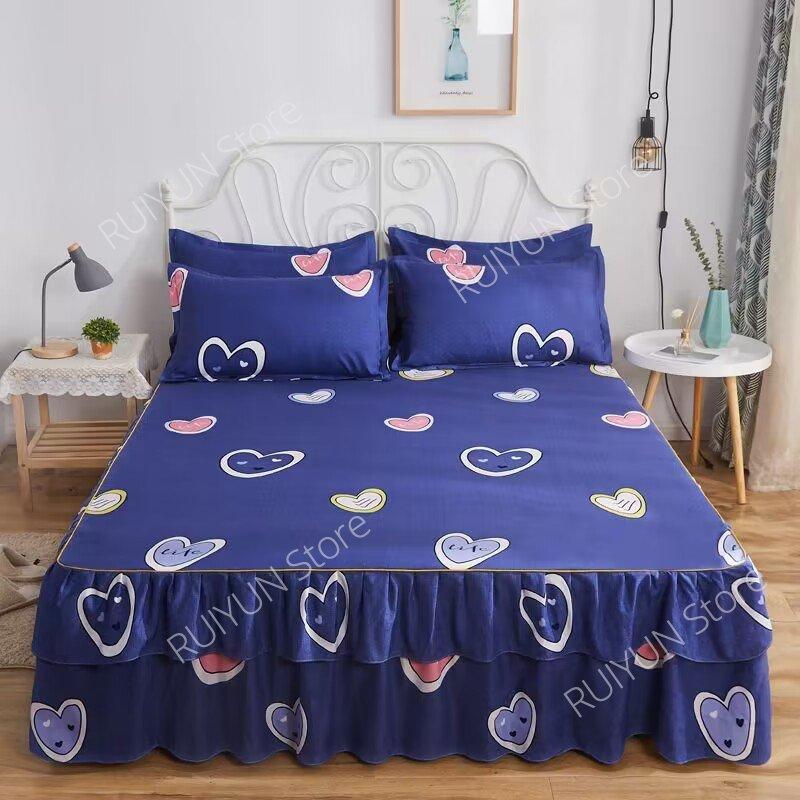 New Princess Printed Double Layers Bed Skirt Non-slip Mattress Cover Home Bedroom Soft Bedspread Bed Skirt Bedsheet Bed Cover