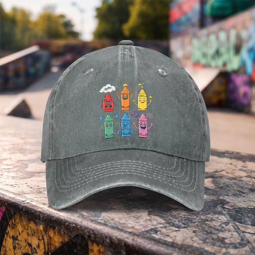 pc Casual Fashion Cartoon Crayon Print Washed Baseball Cap Premium Versatile Outdoor Accessory Unisex Duckbill Hat Suitable for
