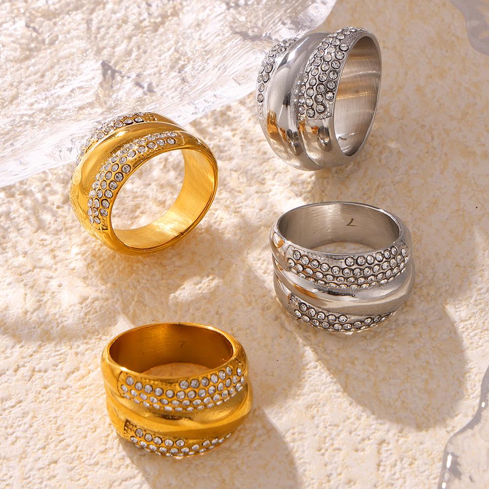 Европейско-американское геометрическое многослойное кольцо с бриллиантами, хип-хоп мода, дизайн из нержавеющей стали с покрытием из 18-каратного золота