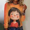 Autumn Funny Girl Print Women's T-Shirt Round Neck Long Sleeves Clothing Pure Colour Simplicity Pullover Cotton Imitation Tops