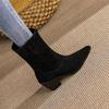 Мода 2025 Новые осенне-зимние женские ботинки Остроносые на толстом каблуке Короткие ботинки Ковбойские ботинки из коровьей замши Обувь для женщин Высокие каблуки