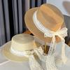 New Lace Bow Pearl Straw Hat Women's Summer Sun Hat Seaside Sun Protection Beach Hat Flat Top Hat