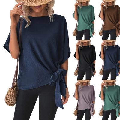 Женская однотонная футболка с круглым вырезом и коротким рукавом, свободный топ с узлом на подоле