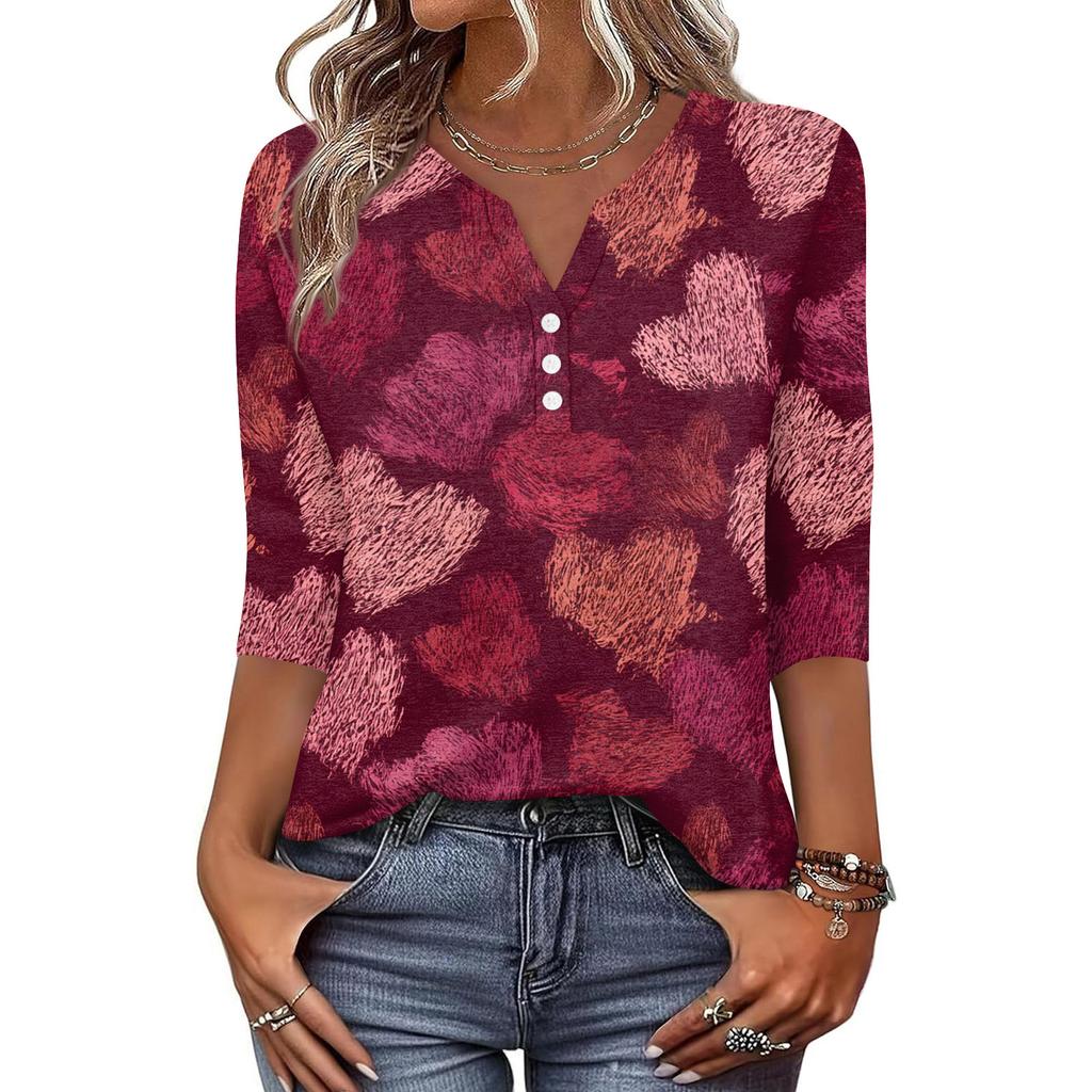 Жен. Футболка С принтом Пуговицы Рукав 3/4 Повседневные Выходные Мода Классический Классический V-образный вырез Обычный Верх
