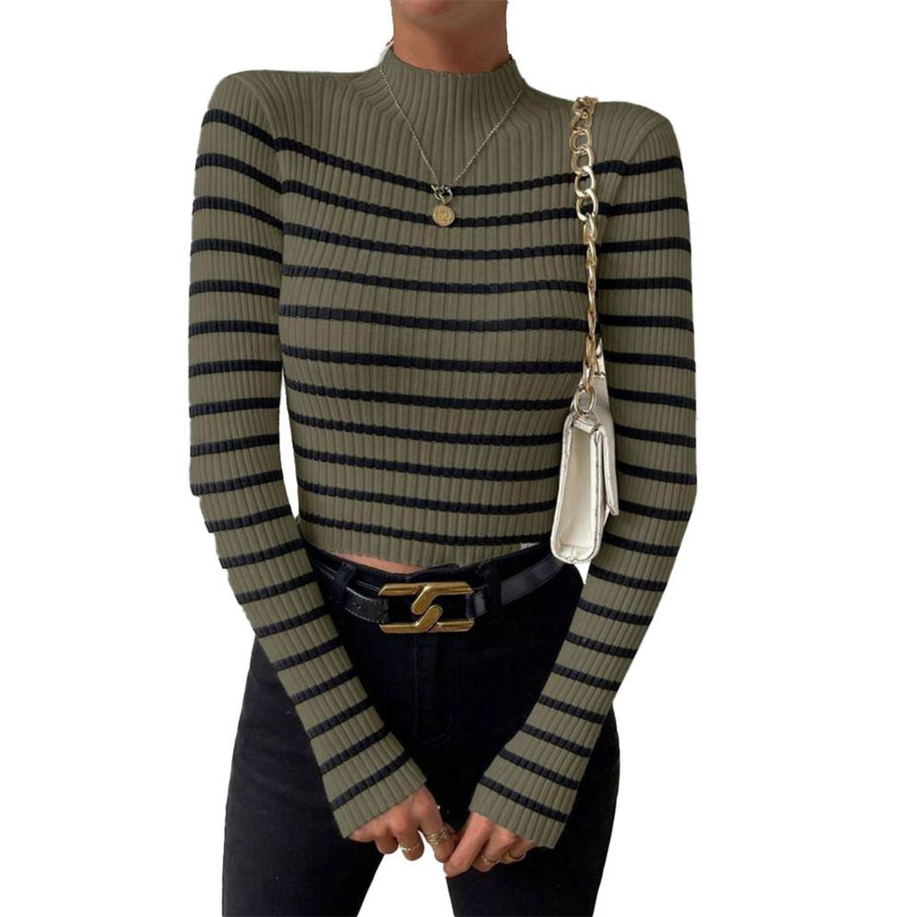 Узкий свитер с воротником-стойкой в полоску, стильный свитер с длинными рукавами и резинкой для осени и зимы, женская одежда