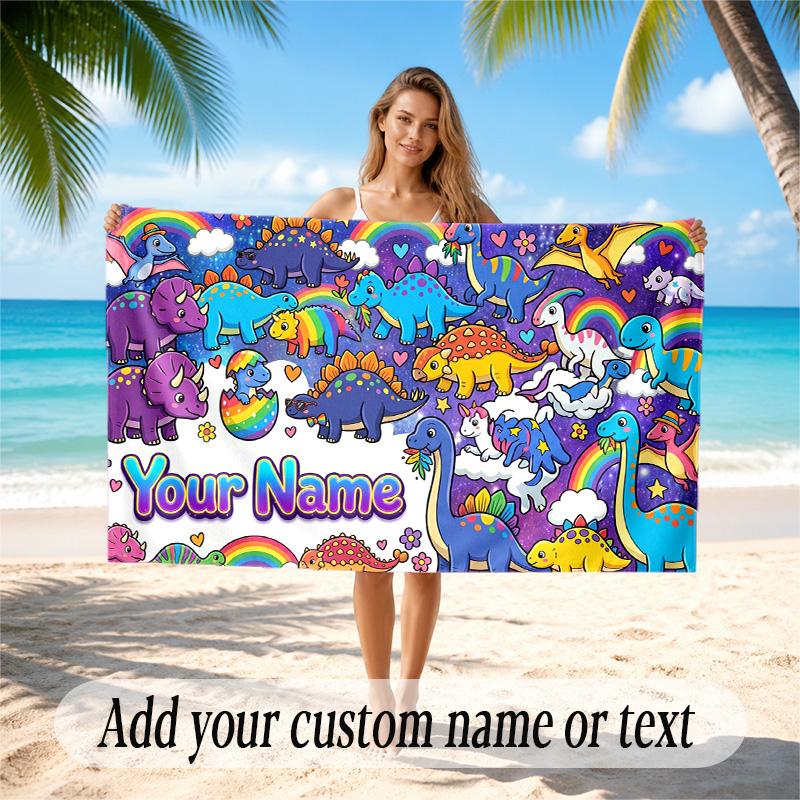 Dinosaur Theme Quick Dry Beach Towel Custom Name Text Print Large Sand Resistant Towel Beach Vacation