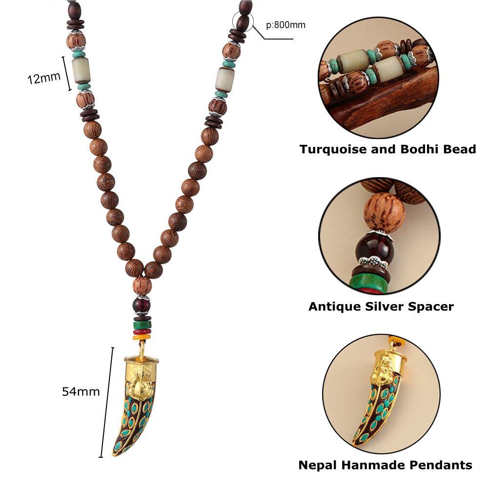 Boho Ethnic Jewelry Lucky Gift Party Mala Wood Bead Buddhist Horn Fish Pendant Nepal Necklace
