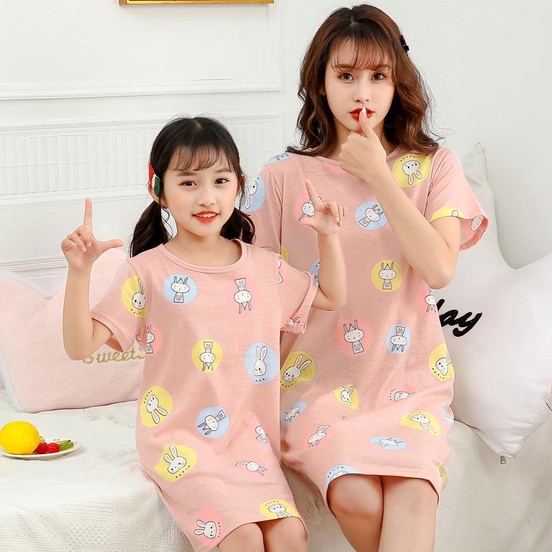 Girls' Summer Cartoon Short Sleeve Pajamas - Cute Parent-Child Cotton Nightdress