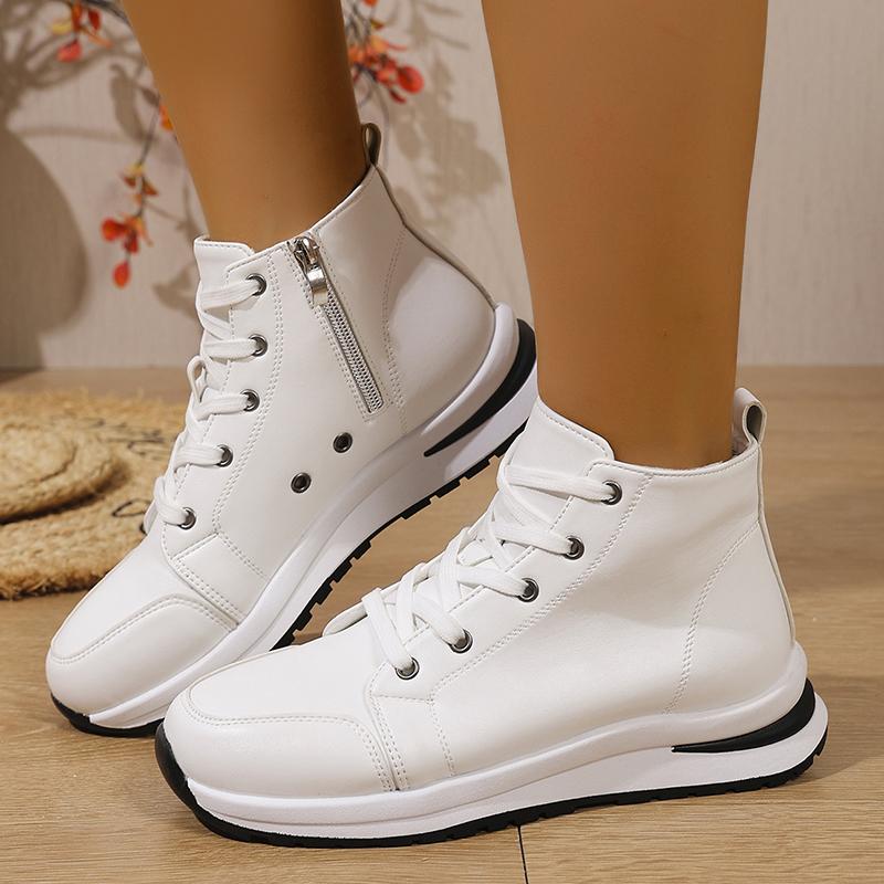 Модные белые высокие кроссовки на платформе для женщин 2025 Осень Легкие повседневные спортивные туфли Женские ботильоны на толстой подошве из ПУ кожи