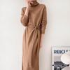 New Arrivals Open Run Women Turtle Neck Basic Solid Waist Strap Long Dress