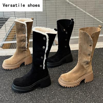 Зимние массивные женские полусапоги до середины икры, модные теплые хлопковые рыцарские длинные ботильоны на квадратном каблуке, вечернее платье, женская обувь