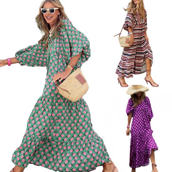 Женское платье в стиле бохо с V-образным вырезом, рукавами-фонариками, А-силуэтом, с плиссировкой и принтом, длиной до середины голени, пляжное платье для отдыха