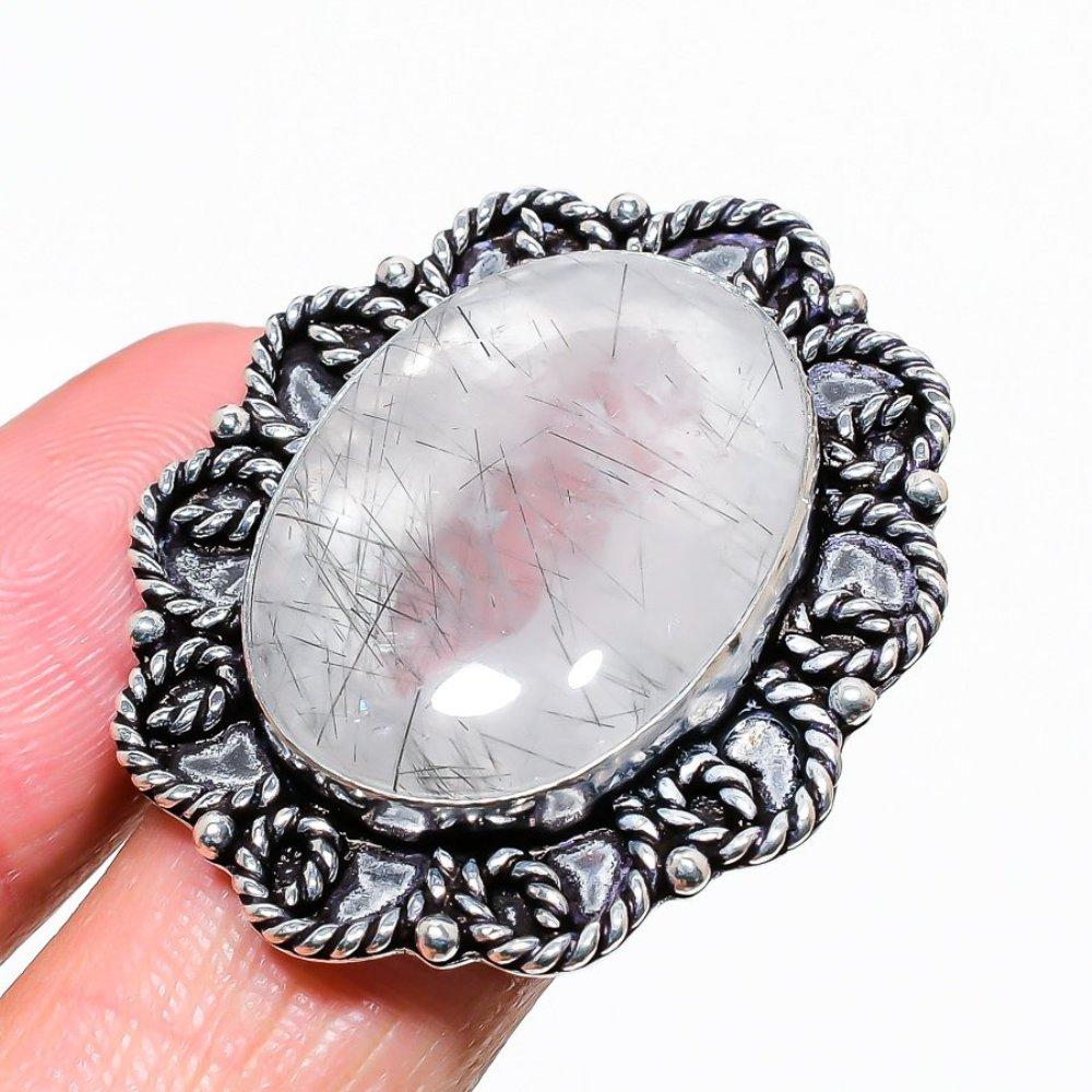 Кольцо из серебра 925 пробы с натуральным черным рутилом, размер 10 u1W70