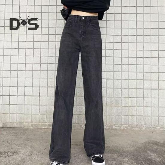 Женские джинсы с карманами, застежка-молния на пуговицу с высокой талией, прямые брюки, однотонные, в винтажном американском стиле, джинсовые брюки для повседневной носки, Scool