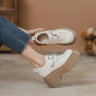 Туфли на толстой подошве с внутренней платформой, на толстом каблуке, из маленькой кожи, женские, новые, весенне-осенние, универсальные одинарные туфли, для маленького человека