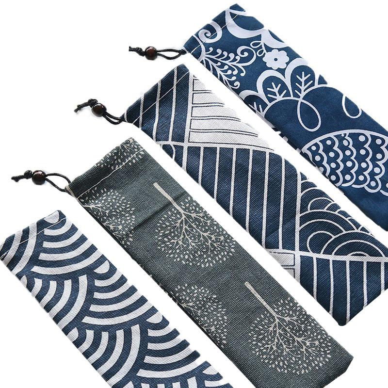 Японский стиль Сумка для столовых приборов Многоразовый дорожный мешочек на шнурке для кухонной посуды Вилка, ложка, бамбуковые палочки для еды, щетка для чистки