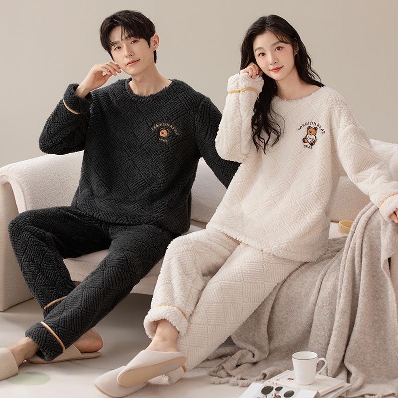 Мужская и женская толстая пижама из кораллового флиса: Теплый вельветовый фланелевый зимний комплект