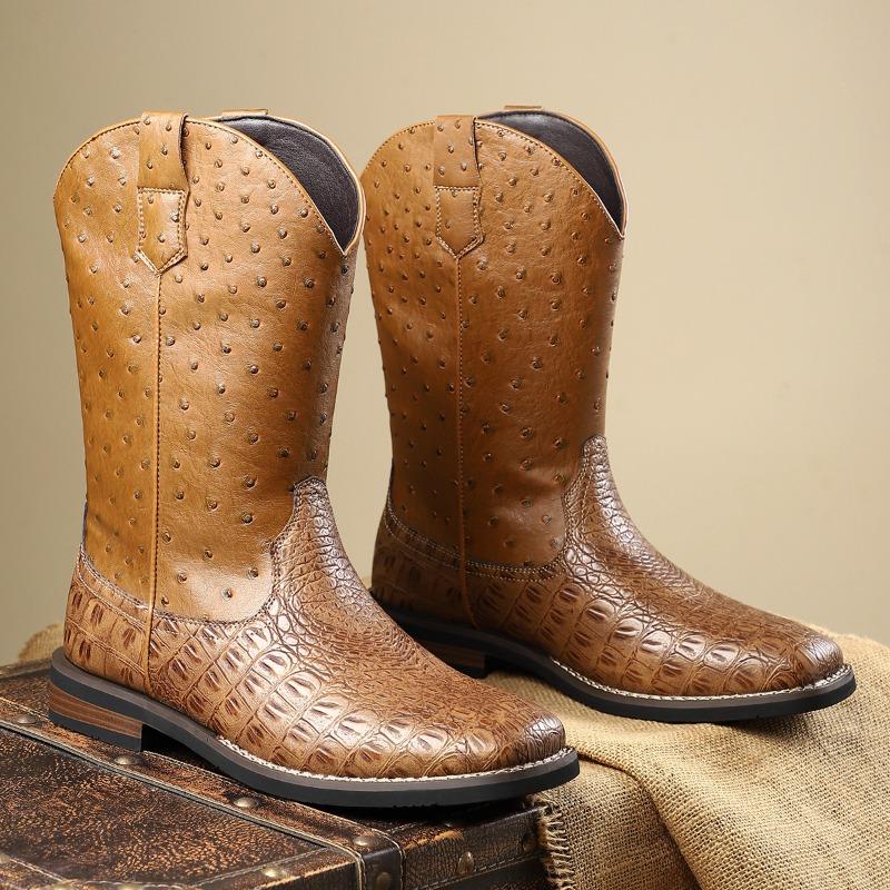 Мужские западные ковбойские сапоги Ретро Ручная вышивка Кожаные сапоги Модные сапоги до середины икры для мужчин Мотоциклетные рыцарские ботильоны Ботас