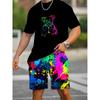 Summer Everyday Casual Men's Short Sleeve Shorts Set Colorful Bear Print Men's T-shirt And Colorful Graffiti Print Shorts Set