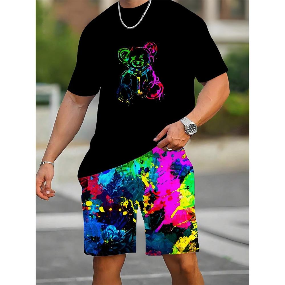 Summer Everyday Casual Men's Short Sleeve Shorts Set Colorful Bear Print Men's T-shirt And Colorful Graffiti Print Shorts Set