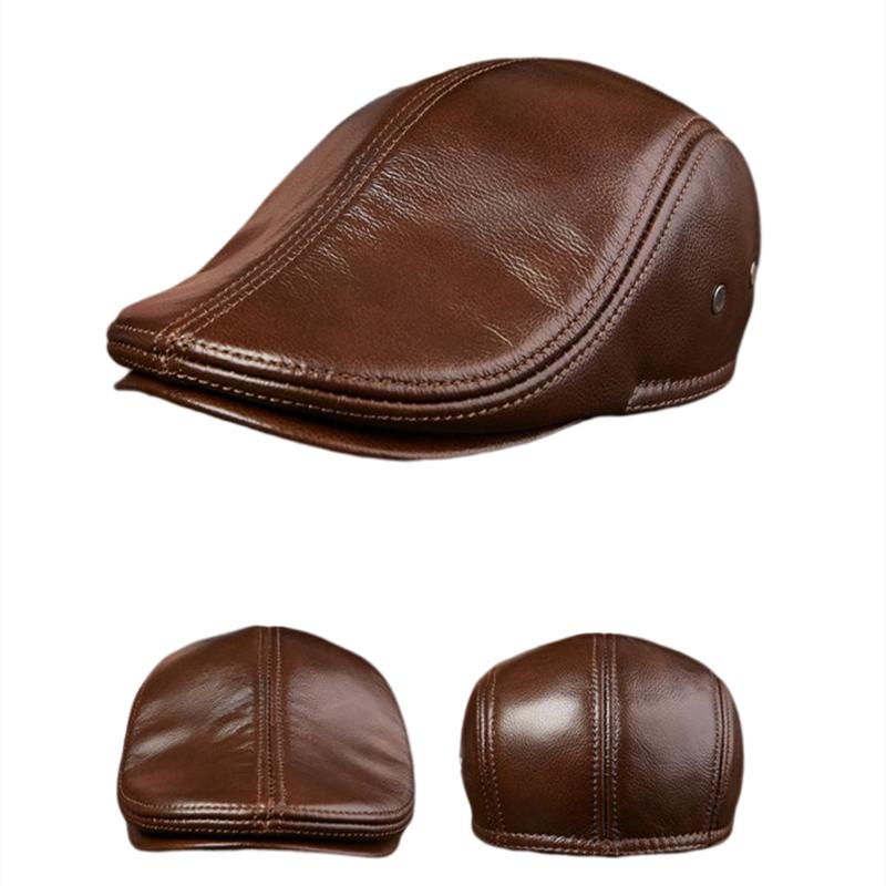 High Quality Cow Leather Hat Men's Fashion Warm Thickened Beret with Hidden Ear Protection