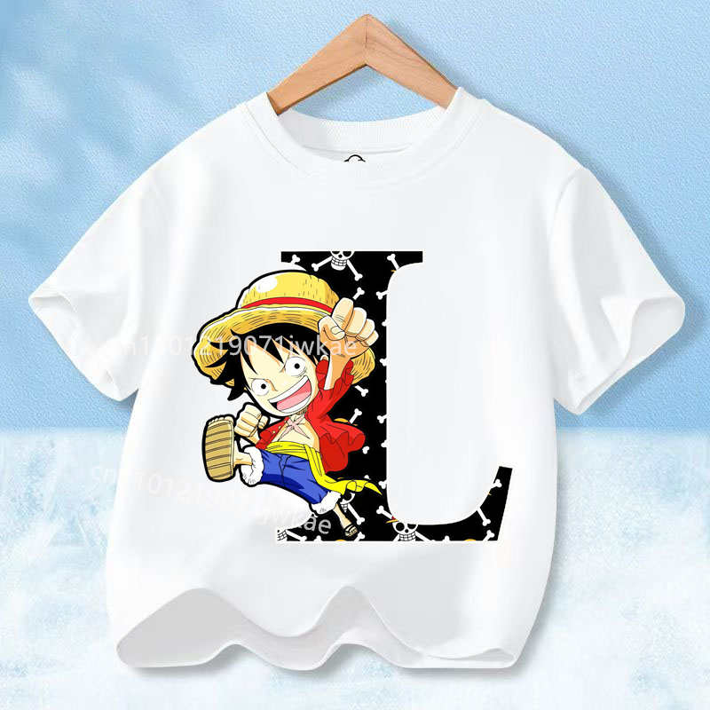 2026 Новая футболка с принтом One Piece Буквы A-Z Аниме Луффи Гир Мультяшная Графика Хлопковая Футболка для Детей Летние Спортивные Футболки Повседневные Детские Топы