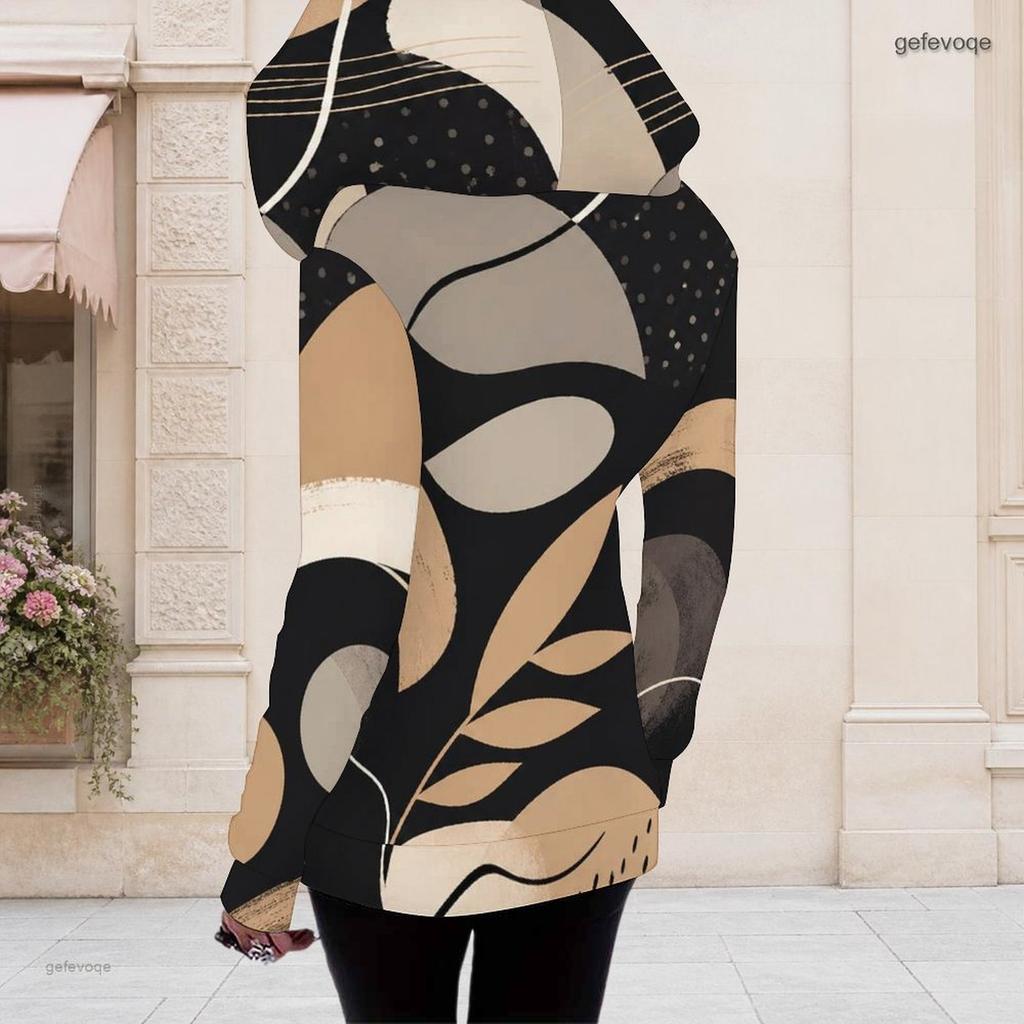 Women Plus Size Black Khaki Abstract Printed Long Sleeve Cutout Neck Hooded Top