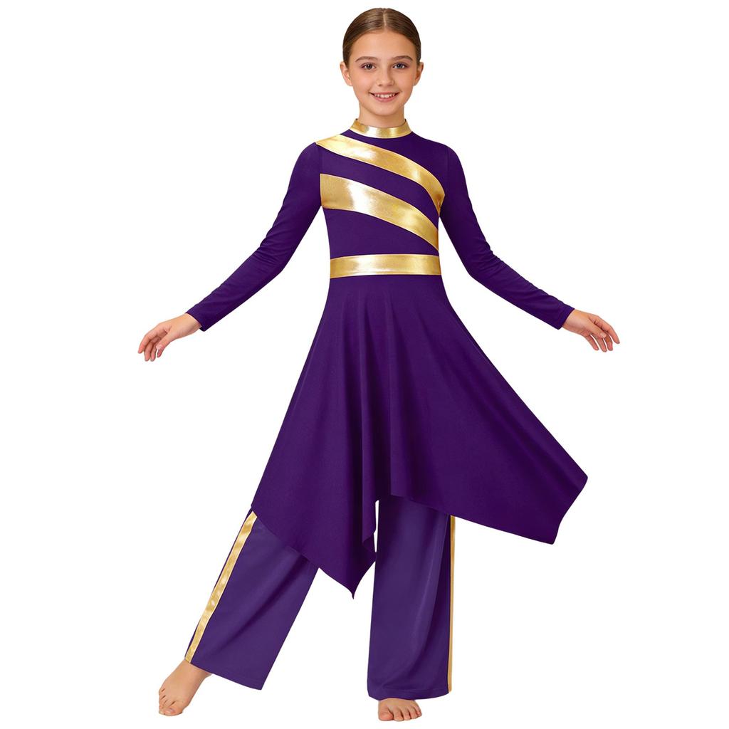 Girls Liturgical Dance Costume: Long Sleeve Mock Neck Metallic Patchwork Dress with Asymmetrical Hem & Wide-Leg Pants
