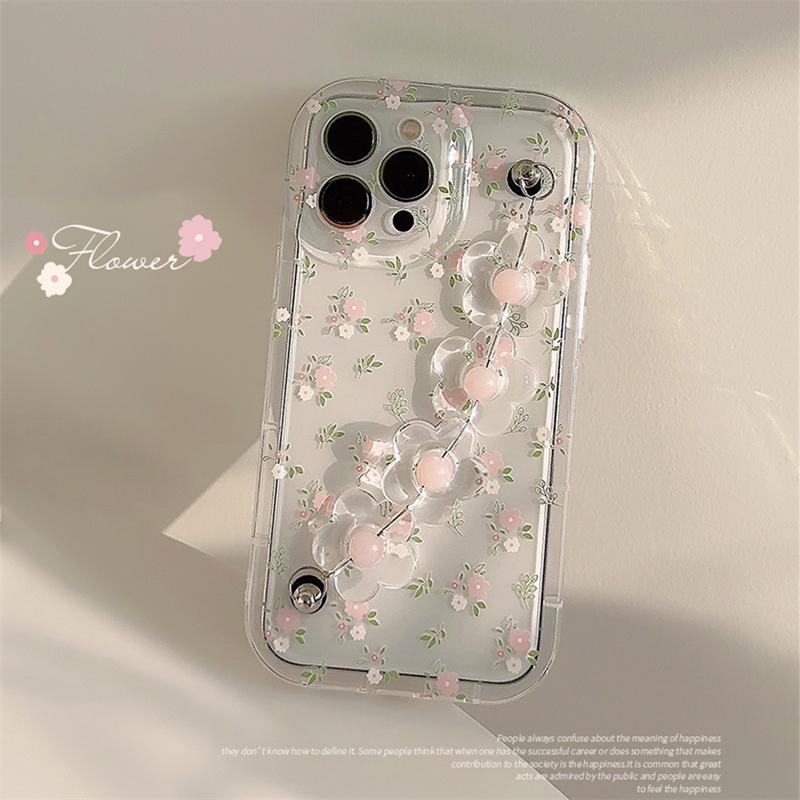 Cute 3D Flower Wrist Phone Chain Soft Phone Case For Iphone 15 14 12 13 11 Pro Max Plus Pink Flower Clear Lens Protective Cover