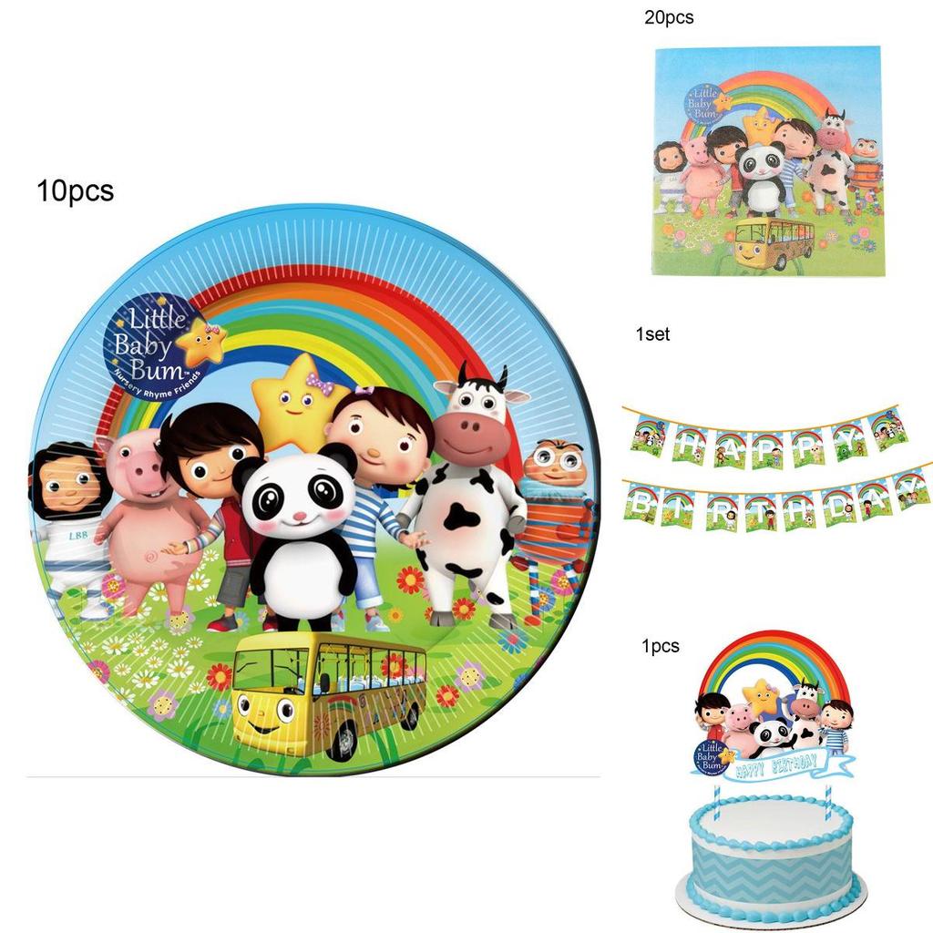 Очаровательные принадлежности для дня рождения в тематике Little Baby Bum, включая скатерть и баннер