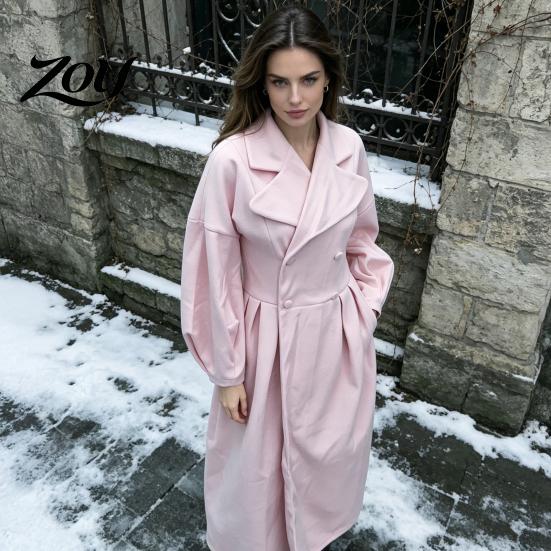 Women Wool Coat Long for Fall Winter, Lantern Sleeve Notch Lapel Overcoat, Double Breasted Trench with Pockets