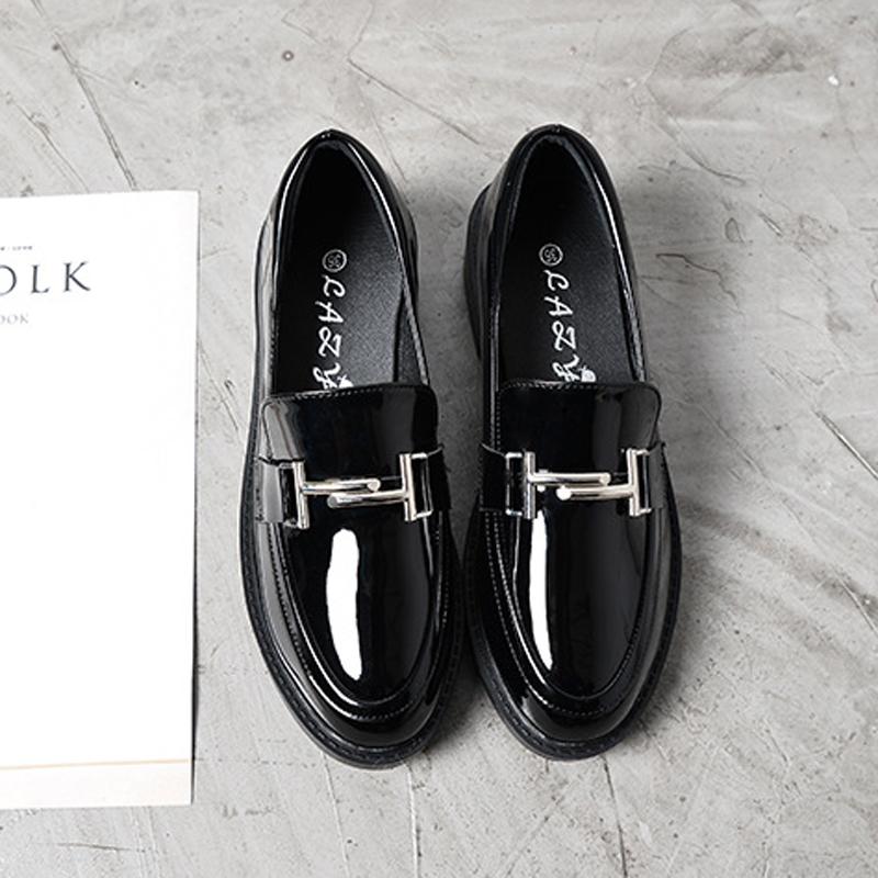 Small Leather Shoes Woman Shiny Oxfords Round Toe Low Square Heels Loafers Femme Creepers Ladies Comfy Sneakers Dress Flats