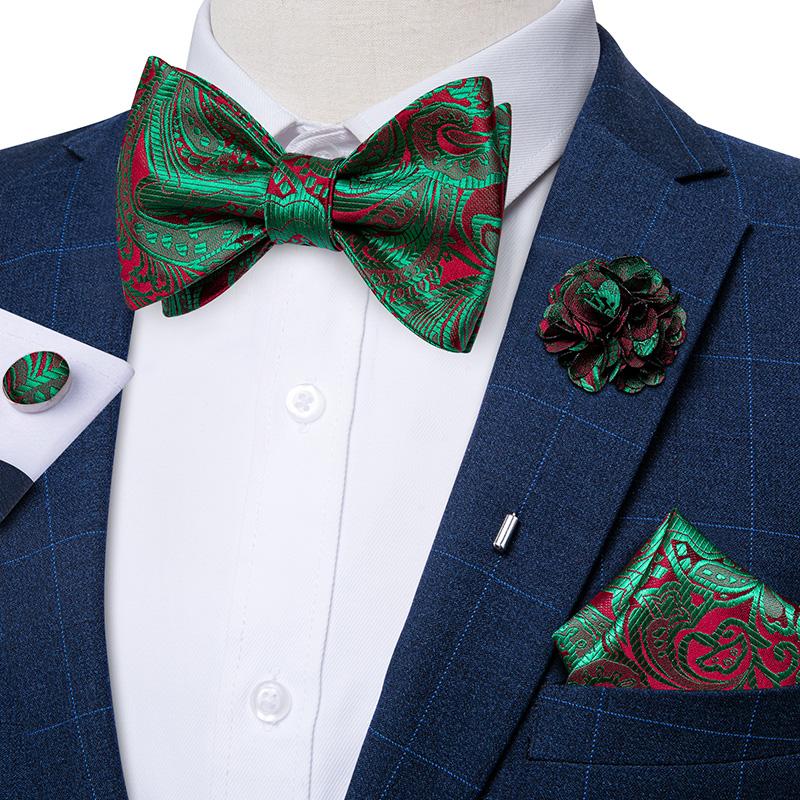 Classic Red Paisley Pattern Woven Self-tied Bow Tie Pocket Square & Cufflinks Boutonniere Gift Set for Men