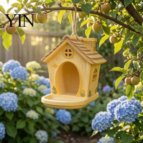 Weather Resistant Bird House Shape Hanging Feeder for Outdoor Garden Decor, Weatherproof Resin Wild Backyard Watching Supplies with Large Capacity