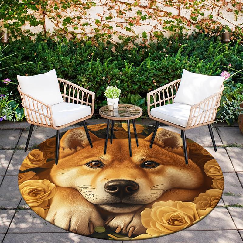 Shiba Inu and rose pattern round rug,Carpet Rug for Living Room Bedroom Playroom ,Non-slip Floor Mat,Holiday Gifts and Birthday Gifts.