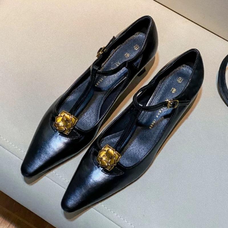 Fashion Autumn New Thin Heel Single Shoes Women's Pointed Head Shallow Mouth Metal Flower Anti-slip Wear-resistant Low-top Shoes