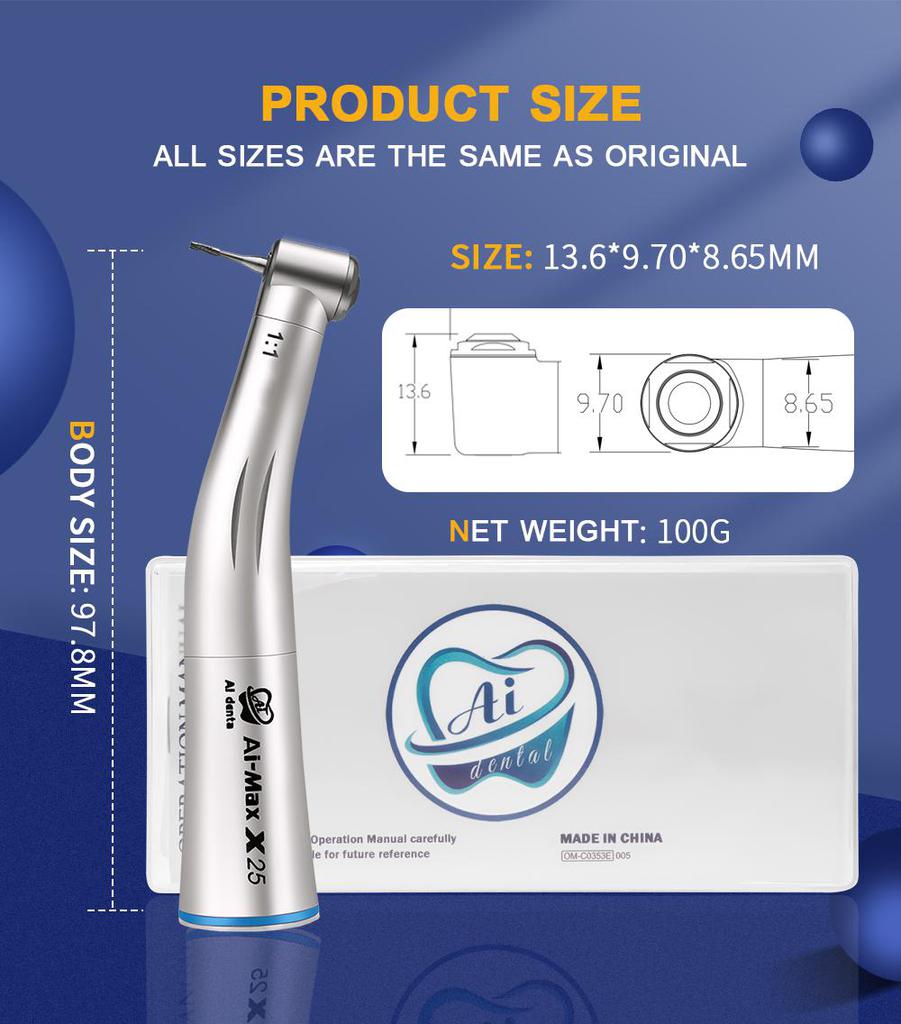 Dental Low Speed Handpiece AI-X25 E-Type Connector Non-Optic Contra Angle 1:1 Hand Piece For CA Burs