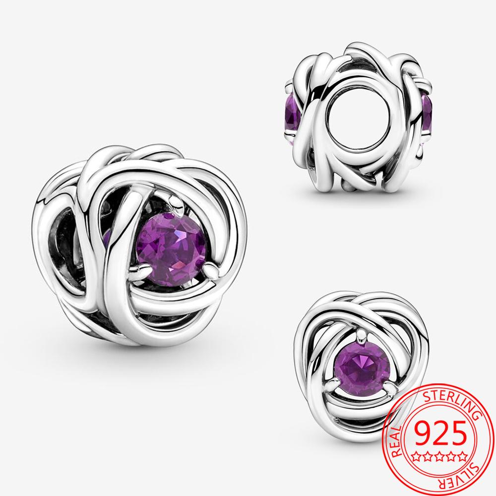 Роскошный серебряный 925 пробы февральский фиолетовый камень рождения вечность круг шарм подходит модный браслет 925 пробы серебряный шарм модные ювелирные изделия для девочек