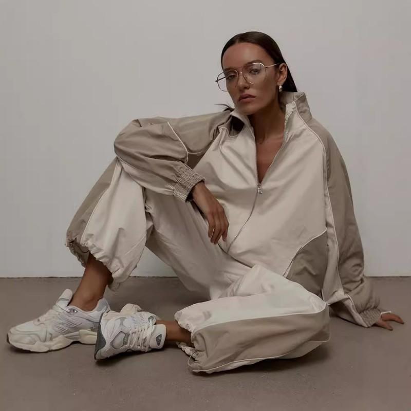 Womens Casual Tracksuit Color Block Drawstring Long Sleeve Jacket Pants Set Streetwear