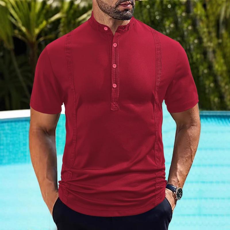 Men Stand Collar Button Placket Short Sleeve Henley T Shirt Slim Fit Casual Top