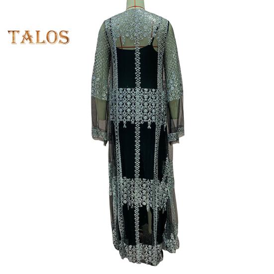2 Pcs/Set Women Evening Dress Big Swing Shiny Bronzed Cardigan Slip Dress Set See-through Mesh Long Sleeve Coat Cocktail Events Special Occasions