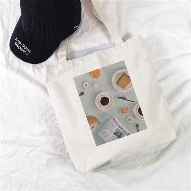Белая простая сумка для покупок Милая сумка с принтом Kawaii Сумка для покупок Harajuku Холщовая сумка для покупок Сумка для девочек Сумка на одно плечо для женщин