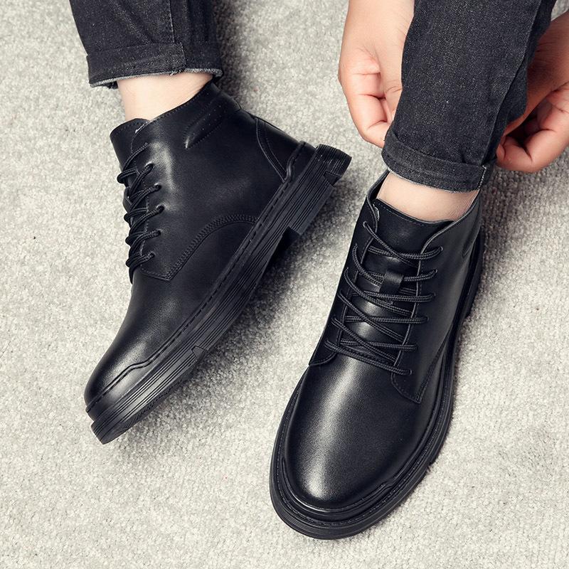 Solid Color High Top Cow Leather Boots for Men Autumn Winter New Lace Designer Work Shoes Male Fashion Casual Ankle Boots Man