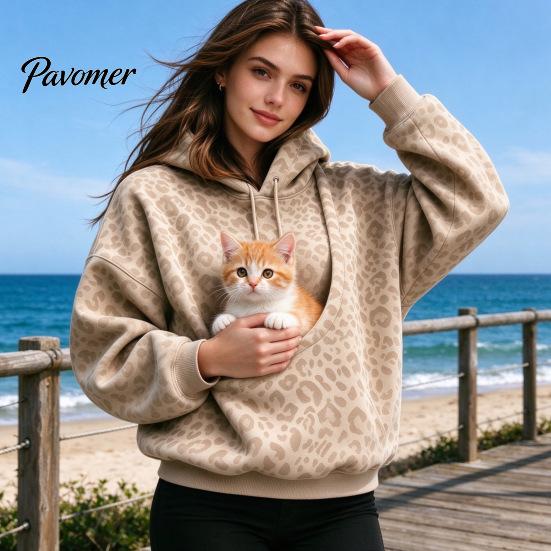 Puppy Pouch Hoodie Leopard Print Pet Carrier for Women, Oversized Hooded Sweatshirt Dog Casual Women & Cat Carrying, Long Sleeve Pullover Top