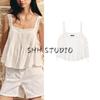 Summer Women's Wide Pleated Decorative Linen Blended Straight Collar Design Bowknot Decoration Embroider Tops 0881037