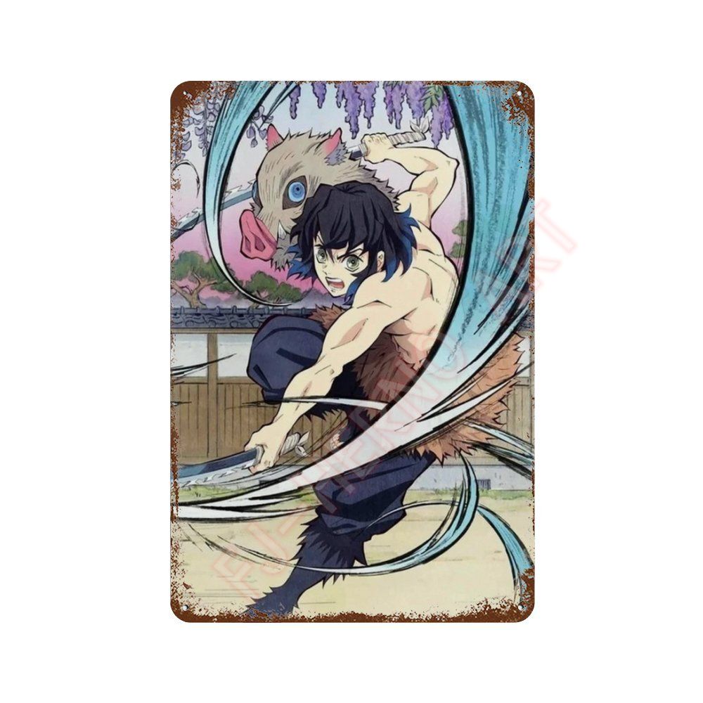 Classic Pop Anime Demon Slayer Kyojuro Rengoku Art Poster Metal Tin Sign Plaque Wall Plates for Living Room Modern Home Decor